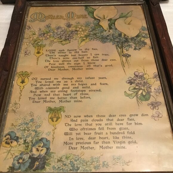 Antique Mother Mine watercolor like print framed behind glass tramp art frame - Picture 4 of 15